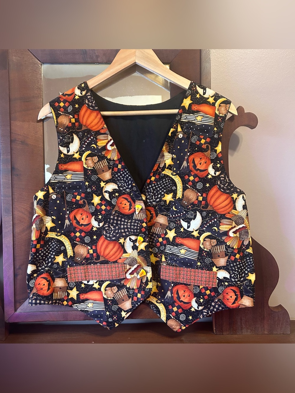 Handmade Halloween Themed Vest w/Ceramic Candy Corn and Black Cat Buttons: MED